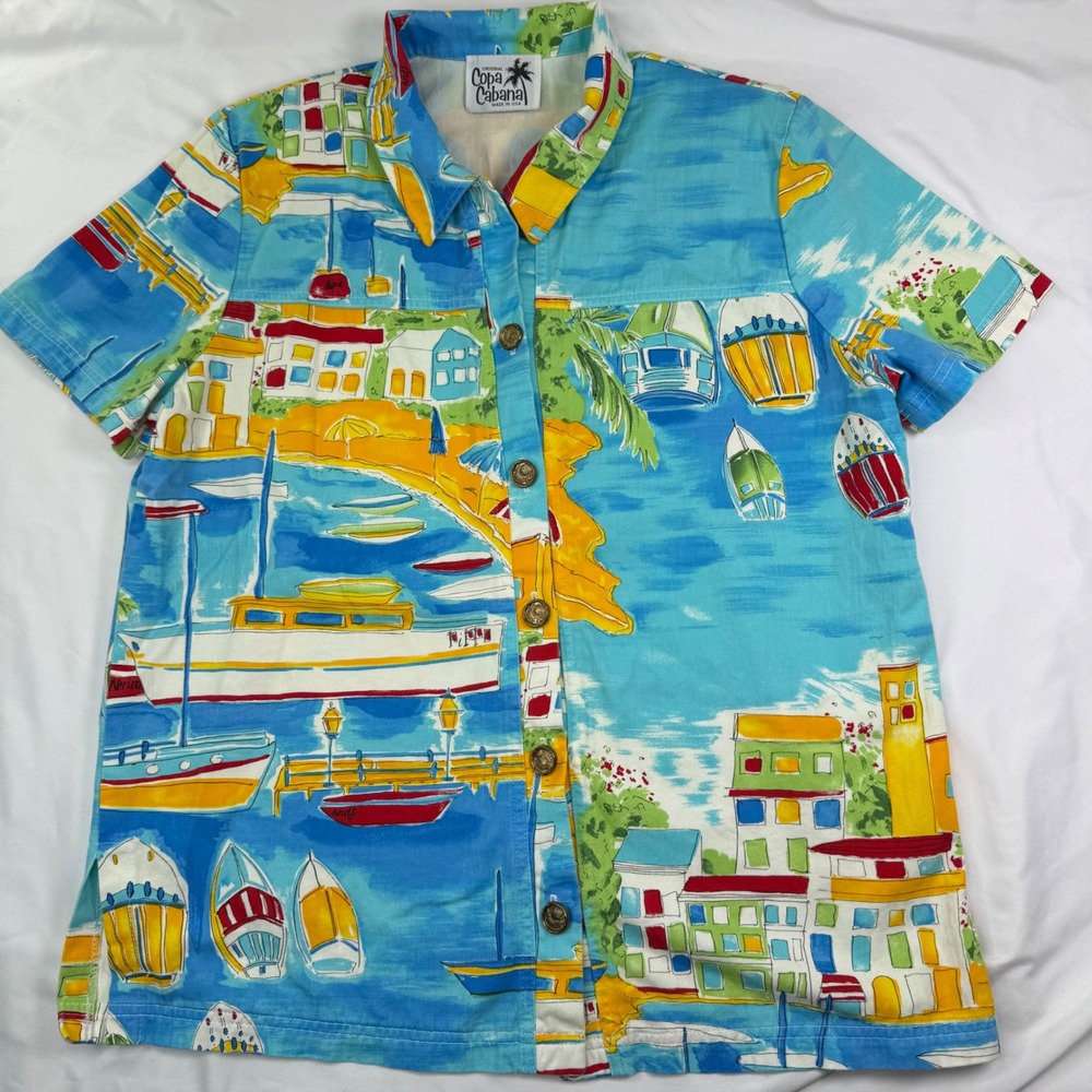 Vintage Copa Cabana Nautical Harbor Print Cotton Button Up Shirt Large USA Made